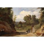 Attributed to Patrick Nasmyth (1787 - 1831), oil on panel - landscape with figures, inscribed verso,