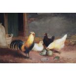 English School, 19th century, pair of oils on board - chickens in a barn, signed with initials and d