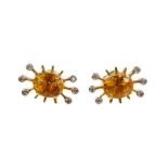 pair of citrine and diamond cluster earrings, each with an oval mixed cut citrine and six brilliant