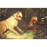 Manner of George Armfield f.l. (1840-1875) oil on canvas – Terriers at a rabbits burrow, in gilt fra