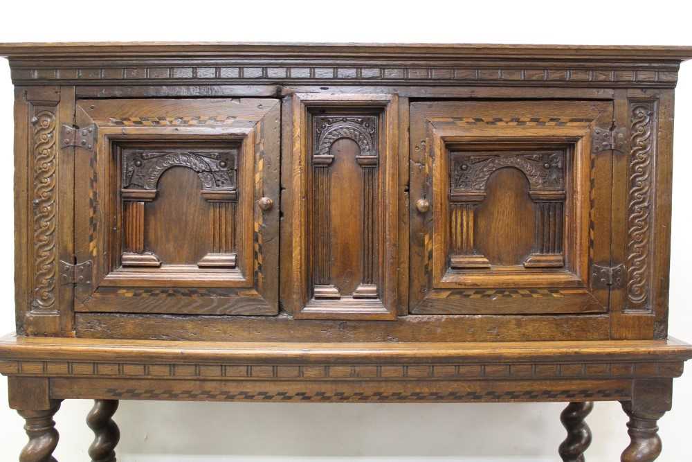 17th century and later oak cupboard on stand with central arched panel flanked by two arched panelle - Image 3 of 4