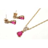 Diamond and synthetic ruby pendant on chain and matching earrings in 9ct gold setting