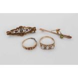 9ct gold three stone opal ring, Victorian 15ct gold ring and two Edwardian 9ct gold brooches