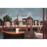 David Britton, contemporary, oil on board - Boats and Huts, signed, framed, 44cm x 54cm