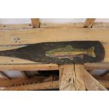 19th century Naive carved wooden and polychrome painted paddle, painted with a fish, 147cm
