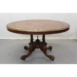 Victorian marquetry inlaid walnut oval centre table on pedestal base