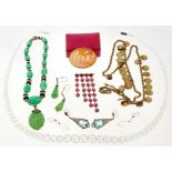 Group of antique and vintage costume jewellery to include simulated jade necklace