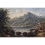 English School mid 19th Century, oil on canvas – A mountainous river landscape with figures on a tra