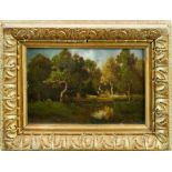 Andre Julien Prevost, 19th century, oil on canvas laid on panel - figure beside a pond, signed, in