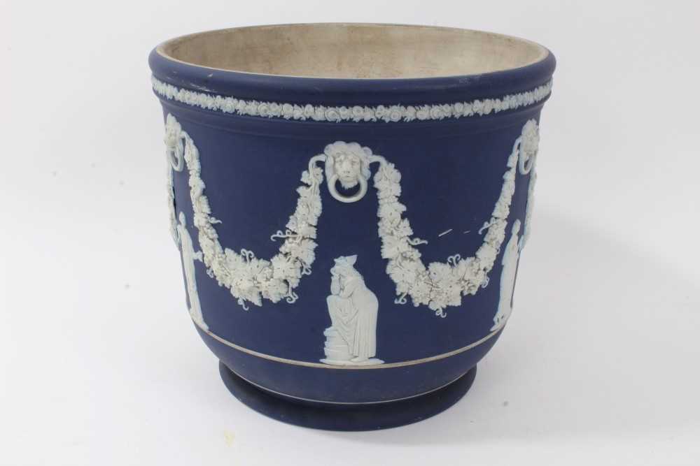 Large antique Wedgwood dark blue jasper ware jardinière, circa 1890, decorated with classical figure - Image 2 of 10