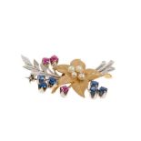 9ct white and yellow gold floral spray brooch decorated with four seed pearls, six sapphires and thr