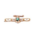 Edwardian green tourmaline, diamond and seed pearl bar brooch in 15ct gold setting