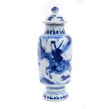 Chinese Kangxi period blue and white porcelain vase and cover, of cylindrical form with stepped base