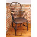 19th century ash and elm stickback Windsor chair, with arched back and solid seat on turned legs and