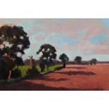 David Britton, contemporary, oil on board - Suffolk Landscape with Long Shadows, signed, framed, 48c