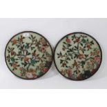 Good pair of antique Chinese hardstone circular plaques, floral decorated with various inlaid stones