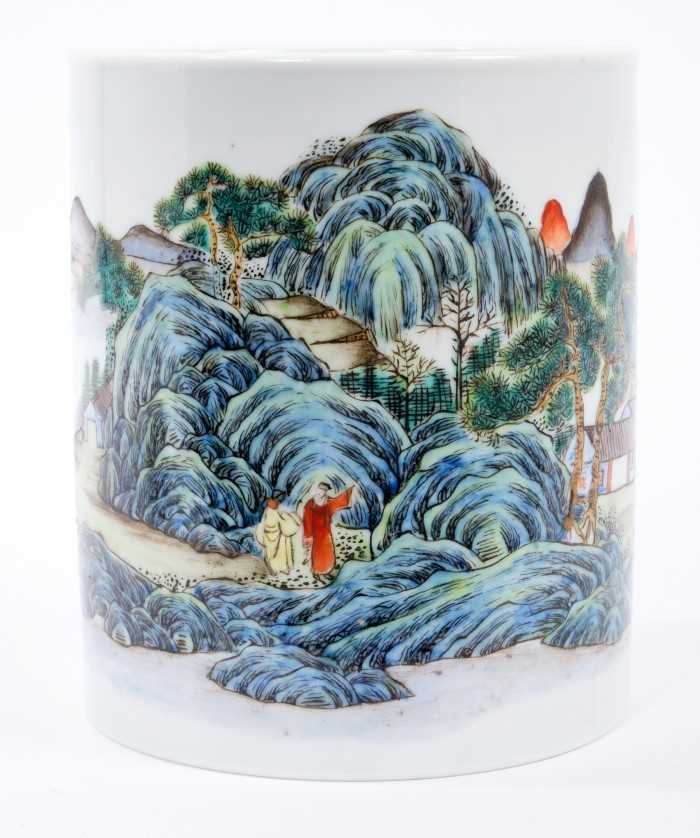 Chinese porcelain brush pot, polychrome painted with landscape scenes and calligraphy - Image 2 of 4