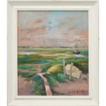 David Britton, contemporary, oil on board - Boats and Walkways at Tollesbury, signed, framed, 59cm x