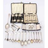Selection of assorted silver flatware, together with two cased sets of silver spoons and a pair of m