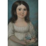 English Provincial School (circa. 1820), pastel on paper - Child with flower basket, gilt frame