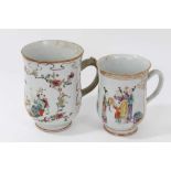 Two Chinese 18th/19th century famille rose porcelain tankards, painted in the Mandarin style with