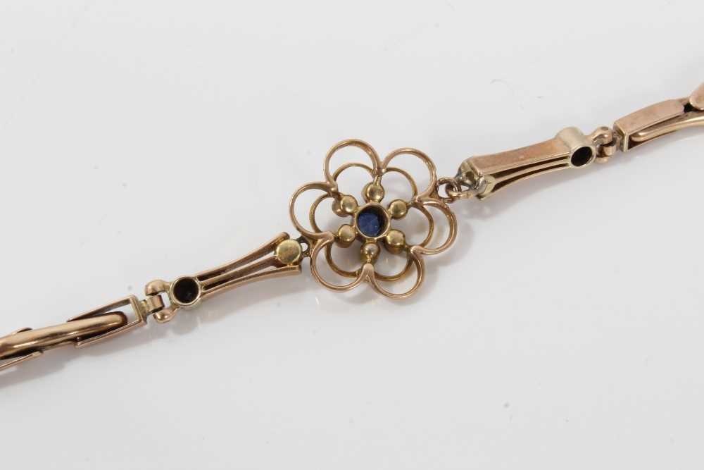 Edwardian 9ct gold bracelet with sapphire and seed pearl openwork panel - Image 5 of 5