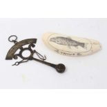 Antique scrimshaw whale tooth 'trout' together with 19th century brass set of hanging scales