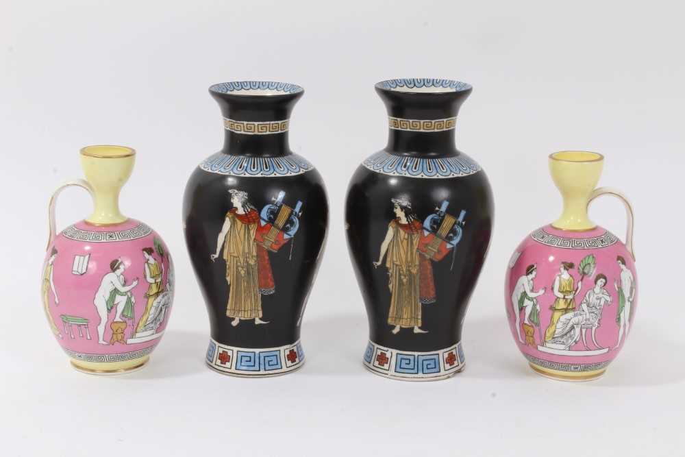 Good garniture of antique Greek revival ceramics, including a pair of pink ground urns by Brown-West