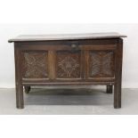 Small late 17th century carved and panelled oak coffer