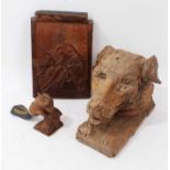 Clarence Reeve (contemporary) woodcarving - bull headed figure, signed Reeve, Mettingham, together w