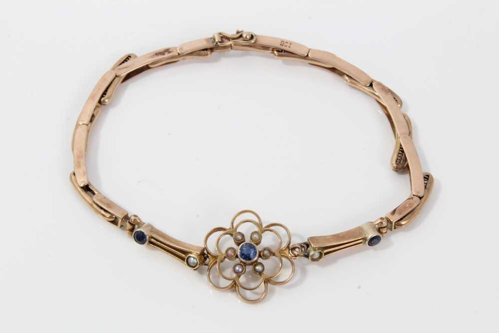 Edwardian 9ct gold bracelet with sapphire and seed pearl openwork panel