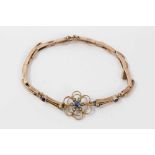 Edwardian 9ct gold bracelet with sapphire and seed pearl openwork panel