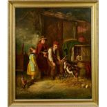 Victorian oil on canvas, interior with children and animals