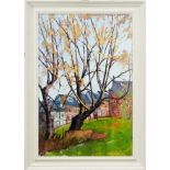 David Britton, contemporary, oil on canvas - Sheffield Poplars and Houses, signed, framed, 75cm x 50