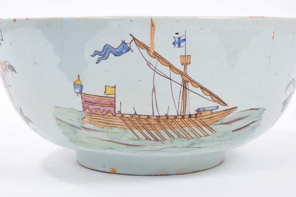 Unusual polychrome Delft ware bowl, commemorating Nelson, with ship and floral decoration, 29cm diam - Image 3 of 3
