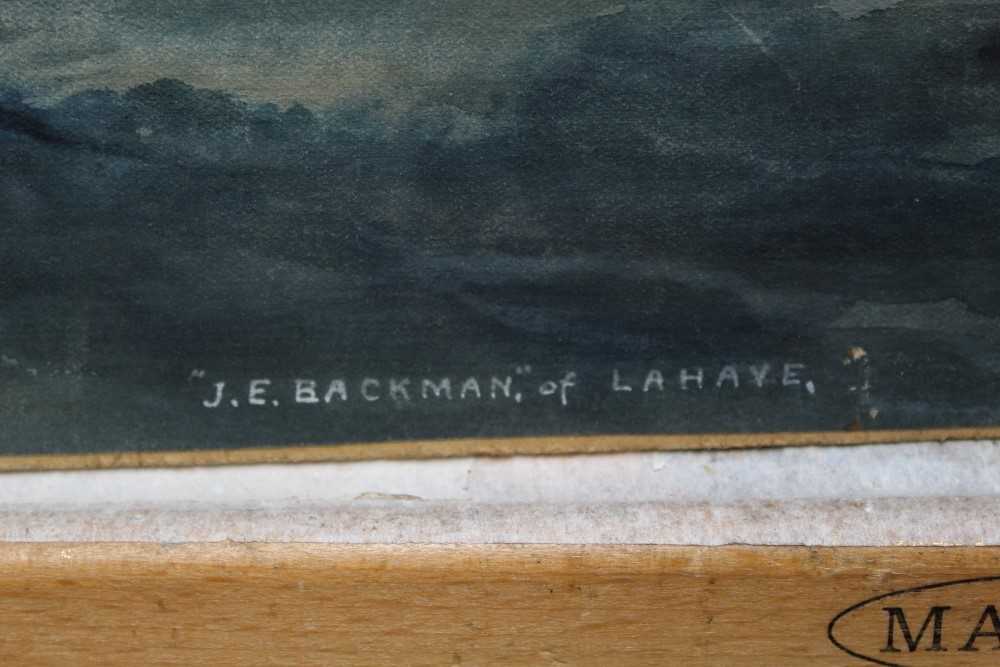 19th century pierhead school painting watercolour of a three masted vessel J E Bachman of Lahaye - Image 3 of 4