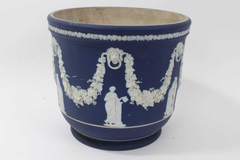 Large antique Wedgwood dark blue jasper ware jardinière, circa 1890, decorated with classical figure - Image 3 of 10