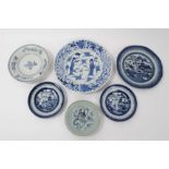 Group of six Chinese and Japanese blues and white plates