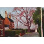 David Britton, contemporary, oil on board - Churchfields With Oak West Mersea, signed, framed, 49cm