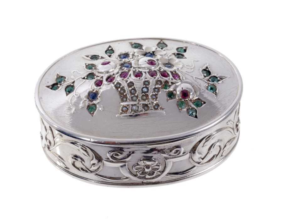 Silver and gem-set oval pill box