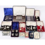 Selection of cased silver and silver plate cutlery, cruets and other sets