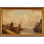 Dutch School- 19th Century oil on canvas - Dutch town and river view with boats and a windmill 49cm