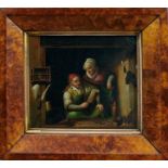 Manner of Gerrit Dou, oil on panel figures in an open window