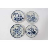 Four 18th century Lowestoft blue and white porcelain saucers, three of which are painted and one pri