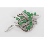 1960s Chinese 18K white gold diamond and jade floral spray brooch with twelve pear shape green jade