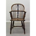 Early 19th century Thames Valley elm low Windsor chair with half hoop stretcher
