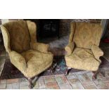 Pair of George I style wing armchairs, floral upholstered on shell-capped cabriole legs with claw an