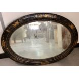1920s black lacquer oval wall mirror with chinoiserie decoration