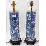Pair of 19th century Chinese blue and white sleeve vases converted to lamps