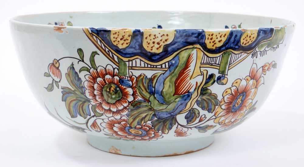 Unusual polychrome Delft ware bowl, commemorating Nelson, with ship and floral decoration, 29cm diam - Image 2 of 3